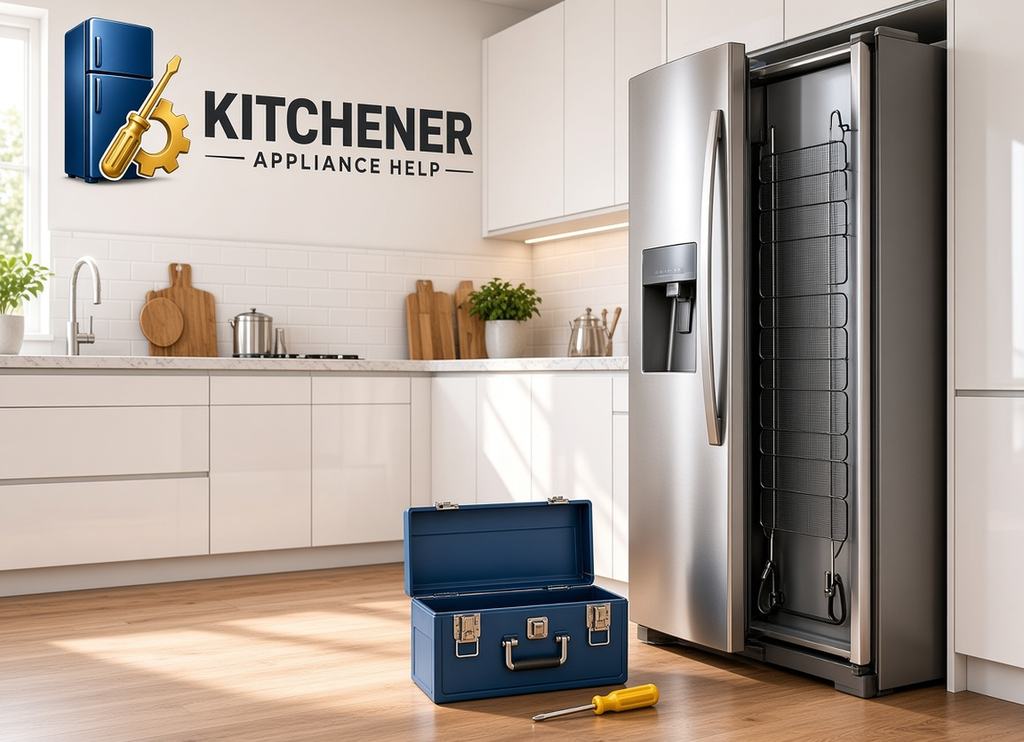 Kitchen with a stainless fridge, an open toolbox and a screwdriver